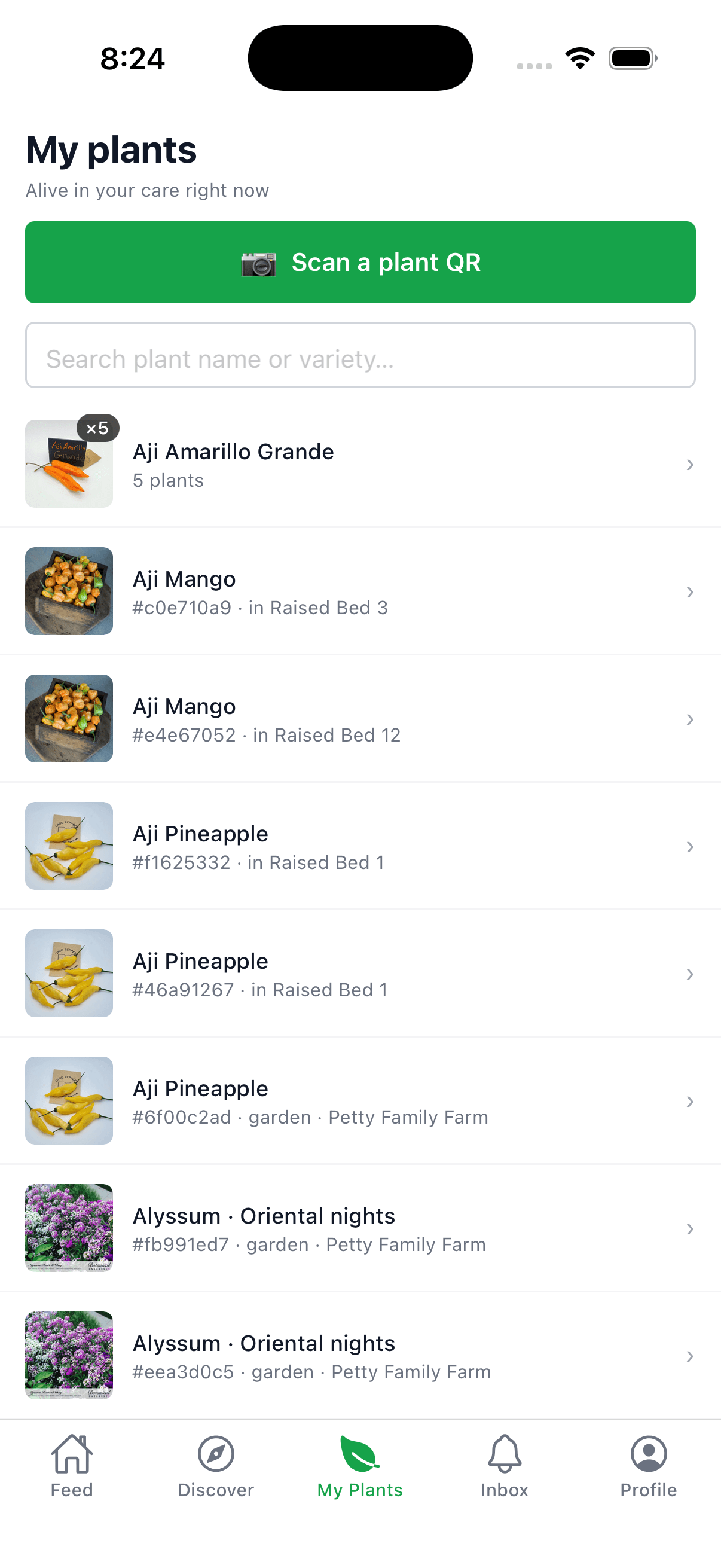 My Plants tab on the iOS app β searchable list of every plant currently in your care, with a Scan QR button at the top
