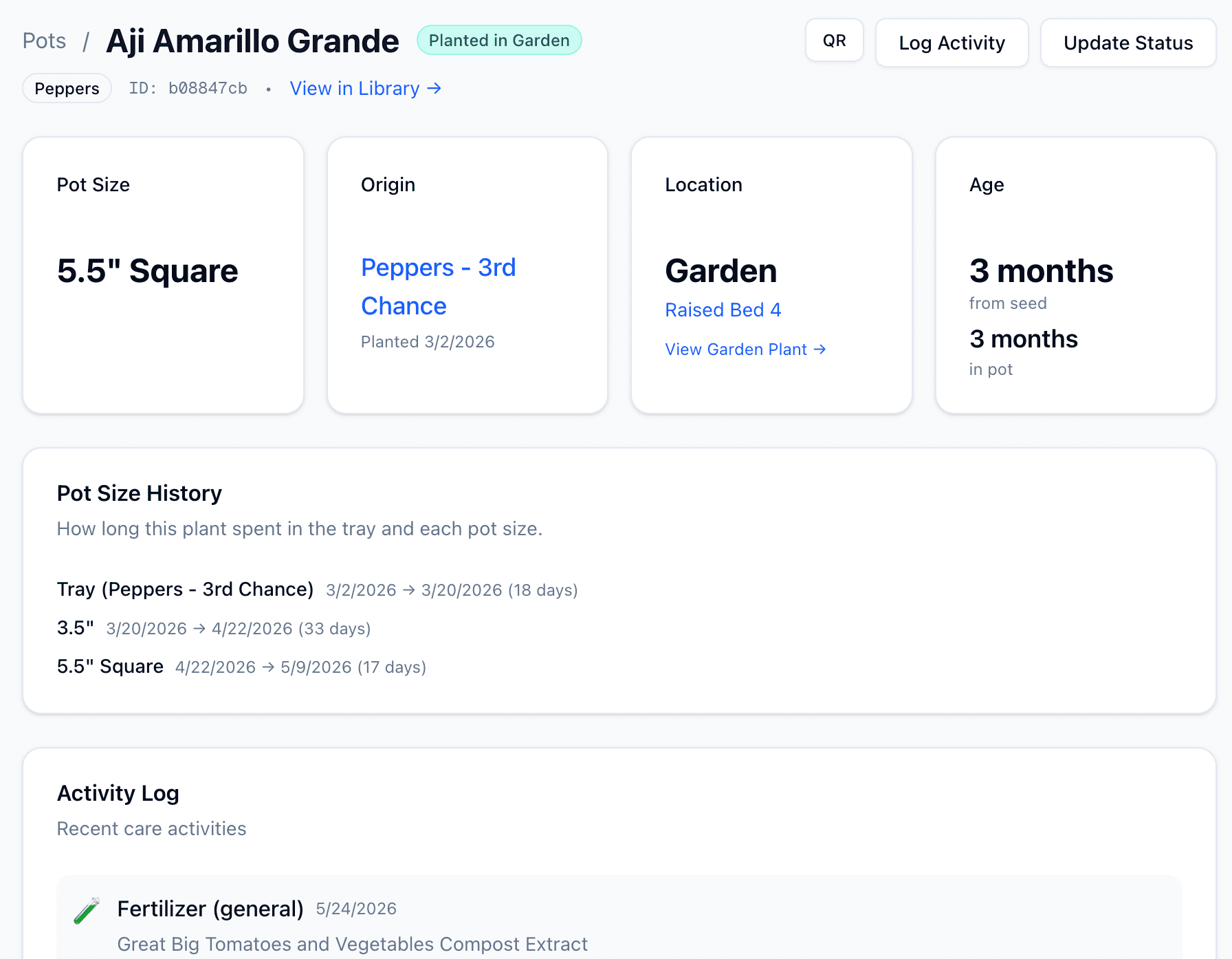 Plant detail page for Aji Amarillo Grande showing its pot size, origin batch, garden location, age, pot size history, and activity log