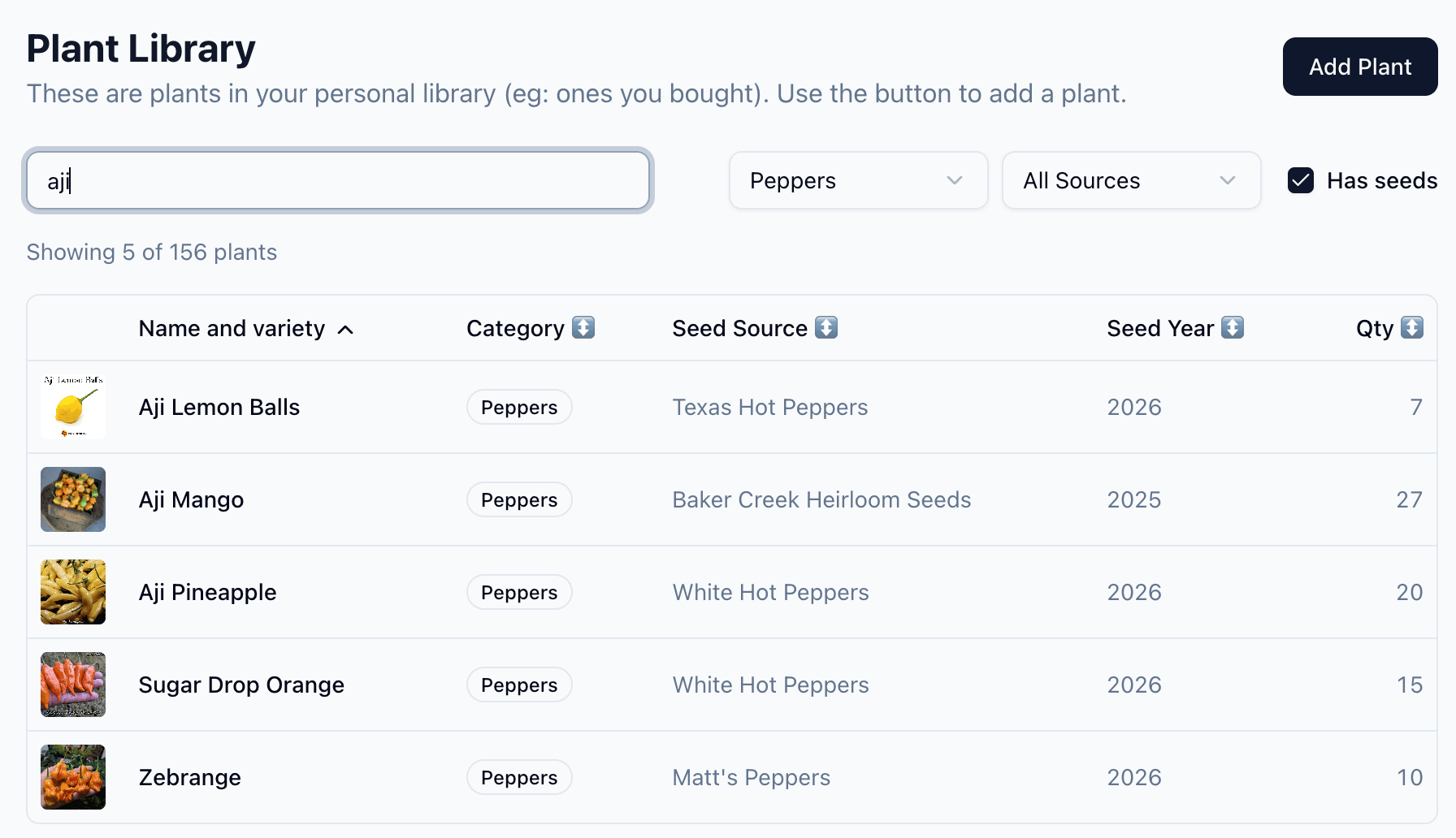Seed inventory page showing a filtered list of pepper varieties with seed source and seed year columns